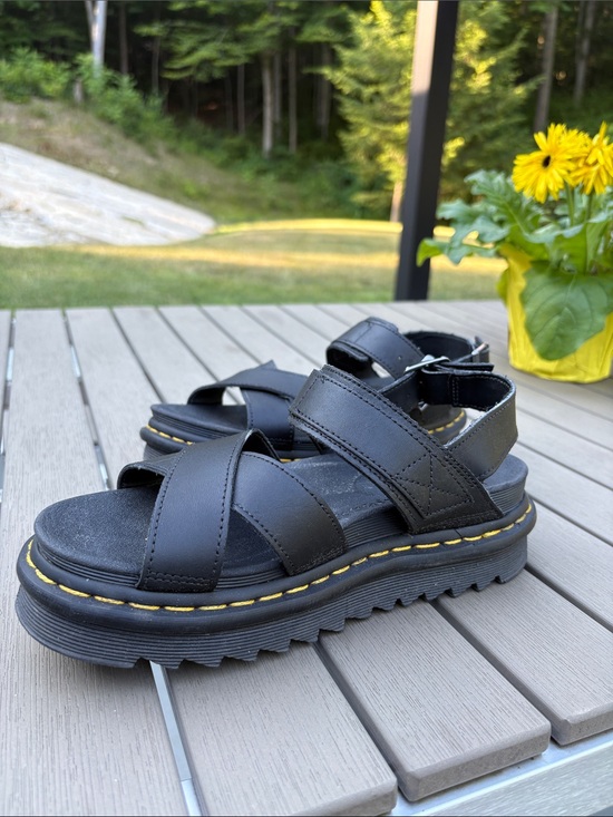 Dr. Martens Shoes - Dr. Martens Black Leather Platform Sandals with Yellow Stitching